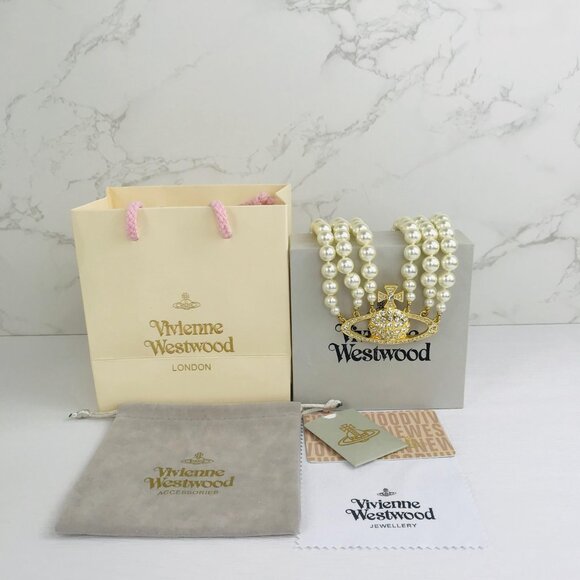 NWT Vivienne Westwood Three Row Pearl Bas Relief Choker - Picture 5 of 12